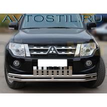 Pajero 4 Передняя защита 60/60 мм с верхней накладкой нержавейка
