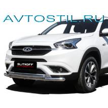Tiggo 7 2016 Защита переднего бампера труба d57+d42 двойная нержавейка