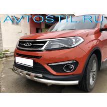 Tiggo 5 2017 Защита переднего бампера двойная с перемычками 60/42 мм нержавейка