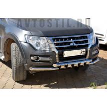 Pajero 4 Защита переднего бампера с накладками 60/60 мм нержавейка