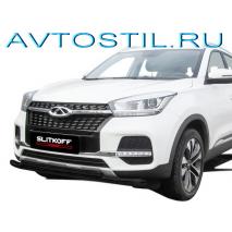 Tiggo 4 Защита переднего бампера труба двойная 57/42 мм черная