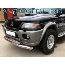 Pajero Sport Защита переднего бампера труба двойная 76/75х42 верх овал нержавейка