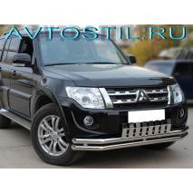 Pajero 4 Дуга передняя по низу бампера с загибами 60/60 мм с верхней накладкой
